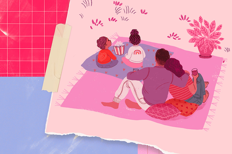 An illustration of a family sitting on blankets, on the grass, celebrating Valentine's Day at home; the family includes a husband and wife, who are leaning against one another, and their two children—a boy and a girl—sitting with a bucket of popcorn between them.