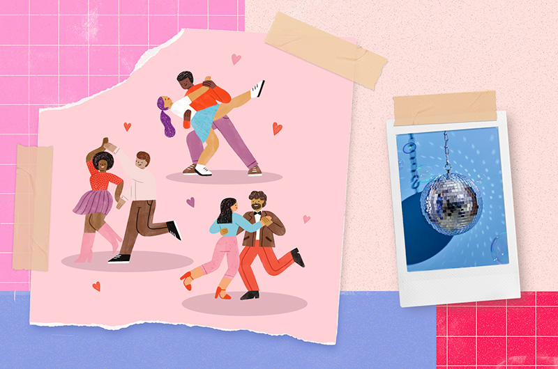 An collage featuring illustrations of three different couples dancing, next to a photo of a mirrored disco ball.