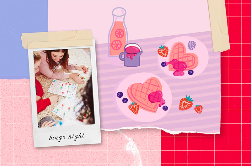 A collage featuring an illustration of a Valentine's Day breakfast with heart-shaped waffles scattered with berries and syrup poured on top; next to this illustration is a photo of a mom and her kids playing bingo together.