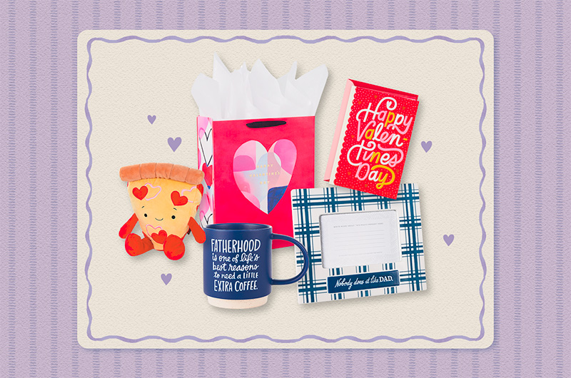A selection of Valentine's Day gift ideas for a dad that include a plush pizza slice, a ceramic photo frame covered in a white and blue plaid pattern and the caption, 