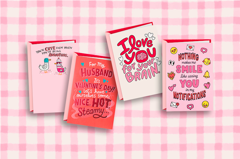 A collection of four funny Shoebox Valentine's Day cards; the fronts of the cards respectively read: 