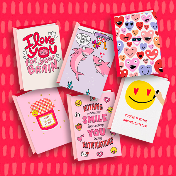 A collection of six funny Shoebox Valentine's Day cards for different relationships.