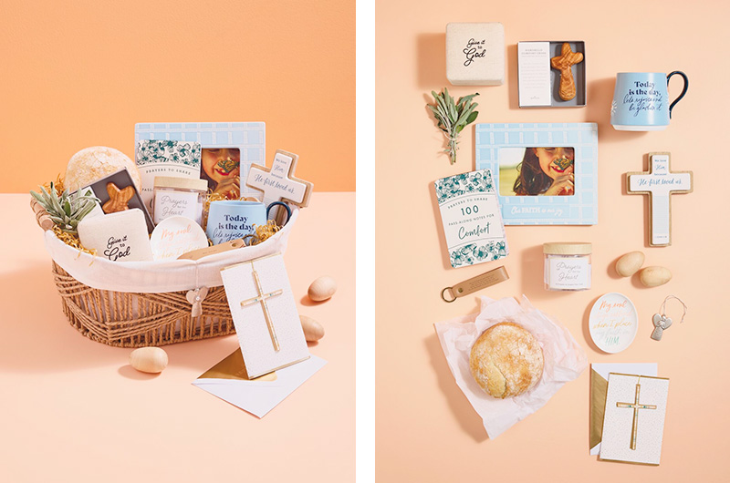 An Easter basket idea for adults with a faith theme; the basket is filled with Christian faith-based gifts, including a mini ornament of an angel; a mug that reads, 