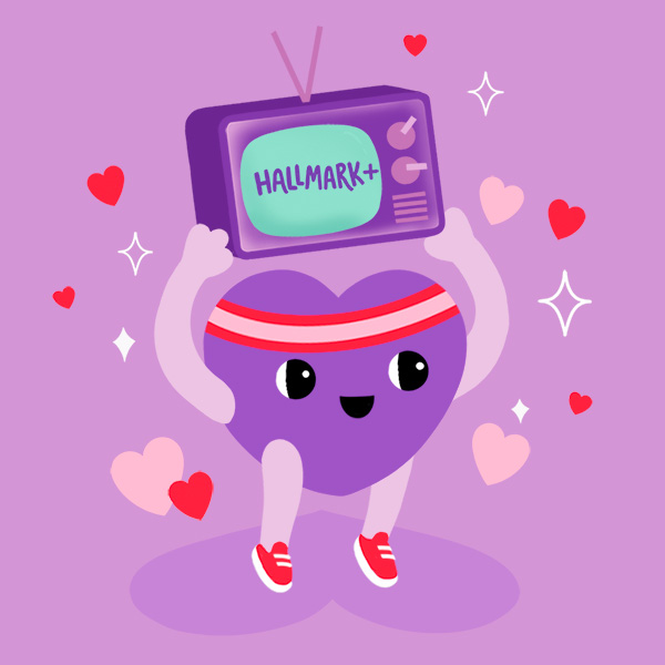 A carton heart with arms and legs wears a red sweatband and running shoes; above his head, he holds a little purple television with 