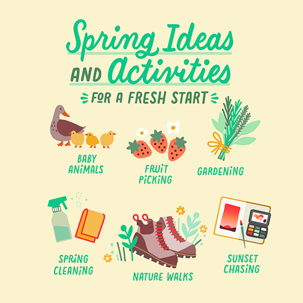 An illustration of different things to do to make the most of spring, including seeing baby animals, fruit picking, gardening, spring cleaning, nature walks and sunset chasing.