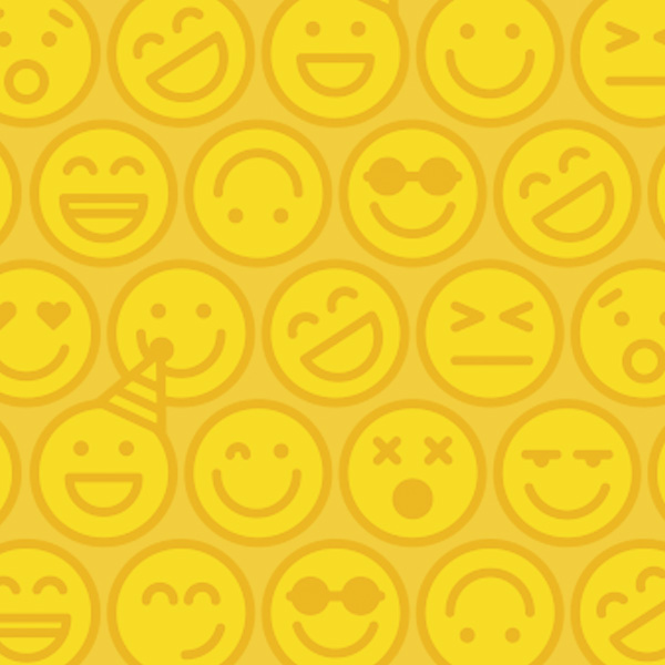 A repeating pattern of different smily face emojis in shades of yellow.