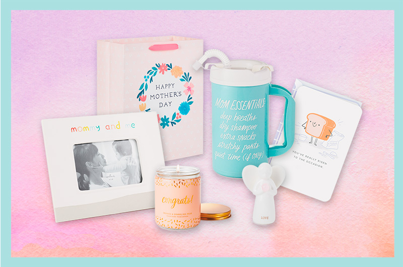 A selection of first Mother's Day gift ideas for the mom or grandma of the new mom, including a water mug with straw for staying hydrated while nursing; a cute card with an illustration of a loaf of bread on the front and a message that says, 