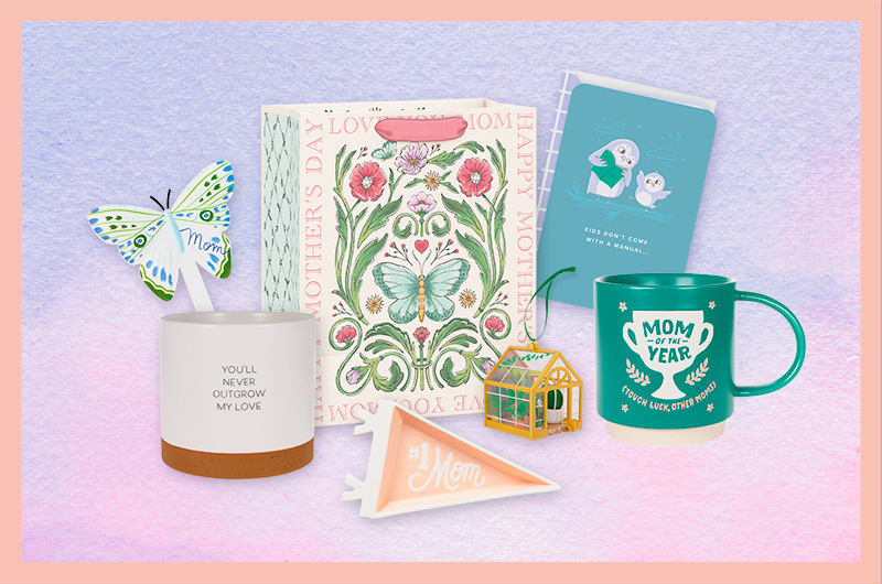A selection of suggested first Mother's Day gifts for a friend of a new mom, including a ceramic trinket tray in the shape of a pennant that reads, 
