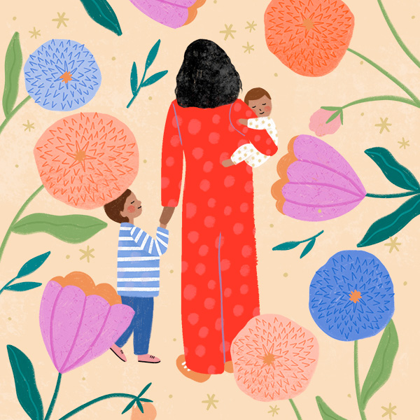 An illustration of a mom with her back to the viewer; she is holding a baby in a sleep suit in one arm, while her other arm is outstretched to hold the hand of a small child who is smiling up at her; surrounding this trio is a border of large, brightly colored, hand-drawn flowers.