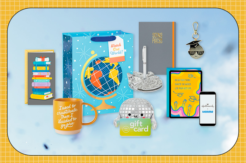 A selection of gift ideas for a recent college graduate from an engineering or science major, including a Star Wars pen holder in the shape of a silver Millennium Falcon spaceship; a little plush gift card holder in the shape of a mirrored disco ball; a ceramic mug with a message on the side that reads, 