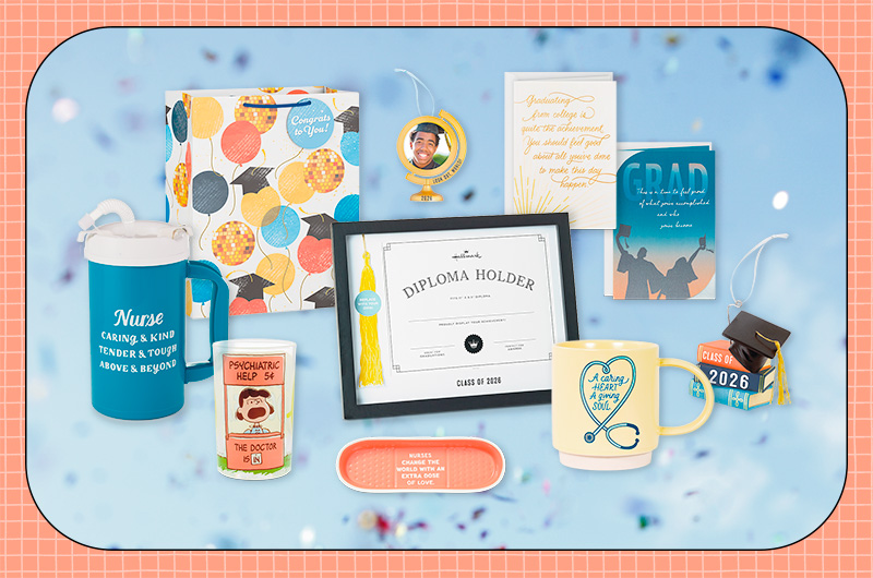 A selection of gifts for a recent graduate of a nursing or doctoral program, including a trinket tray shaped like a bandaid that reads 