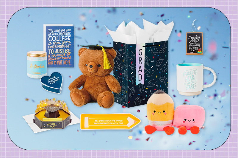 A selection of gifts meant for a recent college graduate with a teaching degree, including a pair of magnetic plushies in the shape of a pencil and an eraser; a trinket tray in the shape of a pencil that reads 