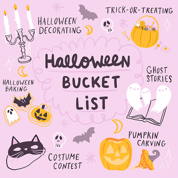 An illustration of various objects connected to things you might find on a Halloween bucket list, such as a mask to symbolize a costume contest, a jack-o-lantern to connect to the idea of pumpkin carving, a book with ghosts floating up out of it to represent ghost stories, etc.