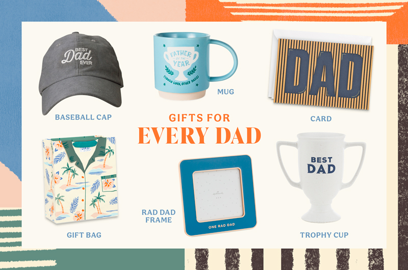 A selection of gifts suggested for any dad on Father's Day, including a dark gray baseball cap that reads 