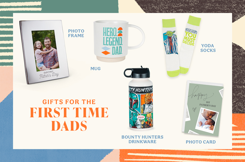 A selection of gifts meant for a first-time dad, including a metallic silver photo frame that reads 