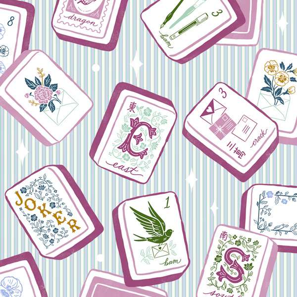 An illustration of various mahjong tiles found in the new Hallmark set designed in partnership with Miss Mahjong.