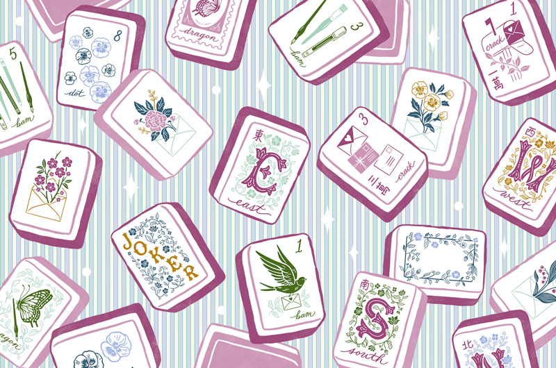 An illustration of various mahjong tiles found in the new Hallmark set designed in partnership with Miss Mahjong.