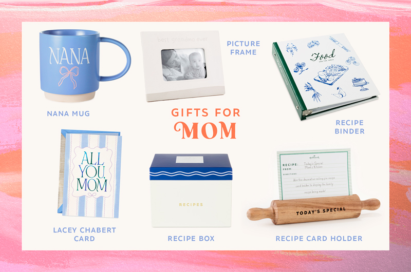 A selection of Hallmark card and gift products that JoJo Fletcher would choose to gift her mom for Mother's Day, including a recipe binder, a recipe box, a recipe card holder shaped like a rolling pin, a blue ceramic mug that says 