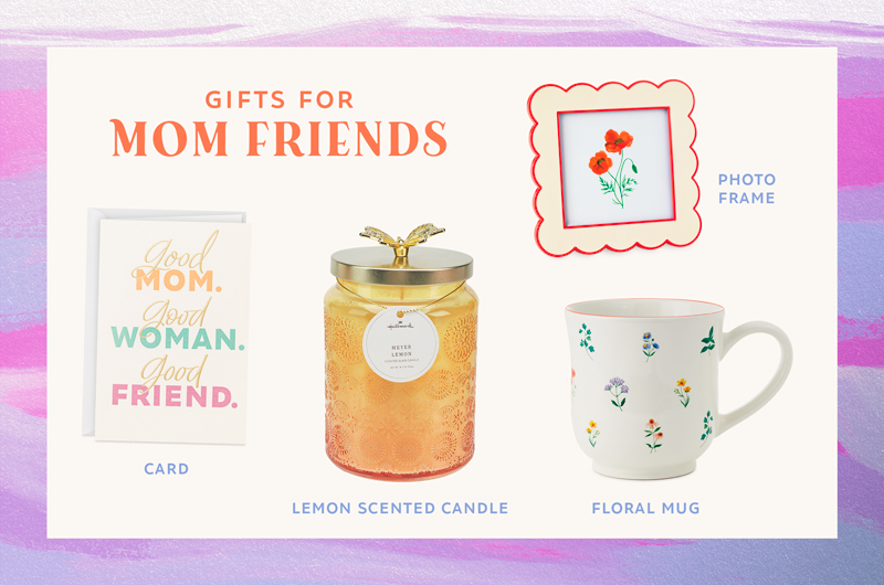 A selection of Hallmark card and gift products that JoJo Fletcher would choose to give her mom-friends on Mother's Day, including an enamel photo frame with scalloped edges; a white ceramic mug covered with small, lifelike illustrations of flowers; a lemon-scented candle; and a card that reads, 