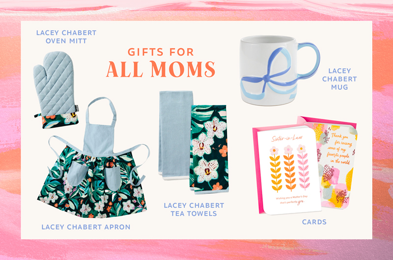 A selection of gifts that reality TV star, social media influencer and entrepreneur JoJo Fletcher would choose to gift any mom for Mother's Day, including matching floral apron, oven mitt and tea towels from Hallmark's Lacey Chabert Collection; a sculptural ceramic mug from the Lacey Chabert Collection; and cards for a sister-in-law and a mother-in-law.