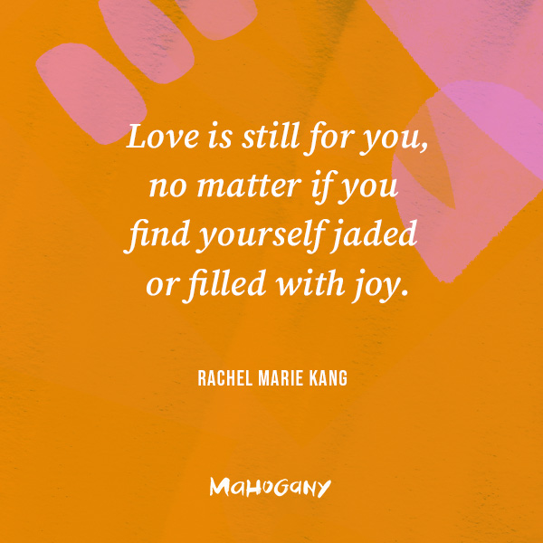 A lettered quote from Mahogany contributing writer Rachel Marie Kang that reads, 
