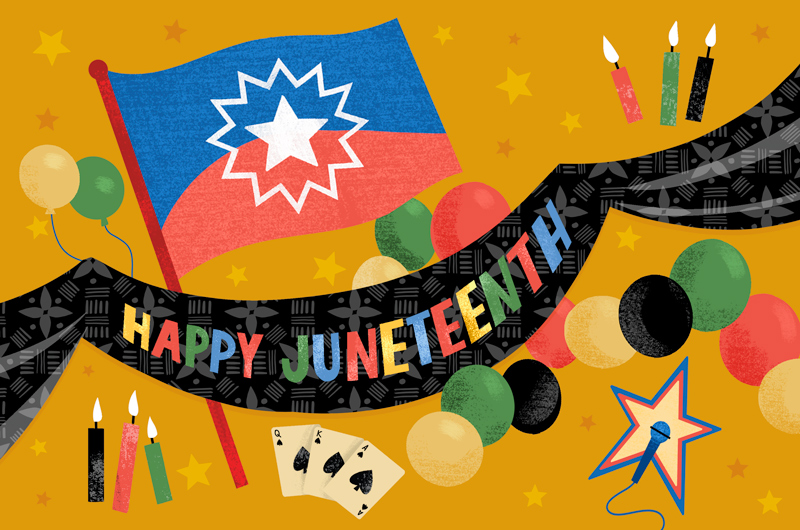 An illustration of a Juneteenth flag and a banner that reads 
