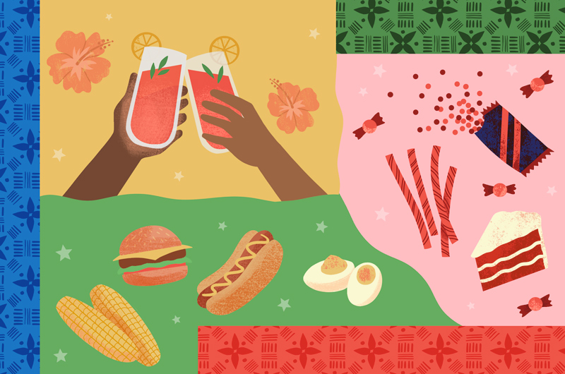 A collage of illustrations representing red foods and beverages and cookout foods that one might see at a Juneteenth celebration.