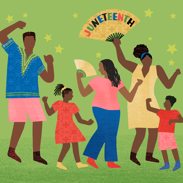 An illustration of an intergenerational gathering of Black men, women and children dancing in celebration of Juneteenth.