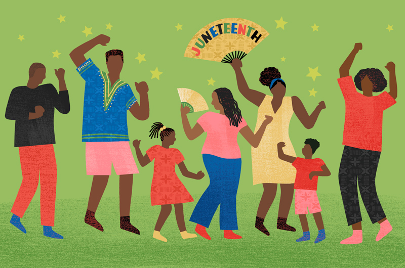 An illustration of an intergenerational gathering of Black men, women and children dancing in celebration of Juneteenth.