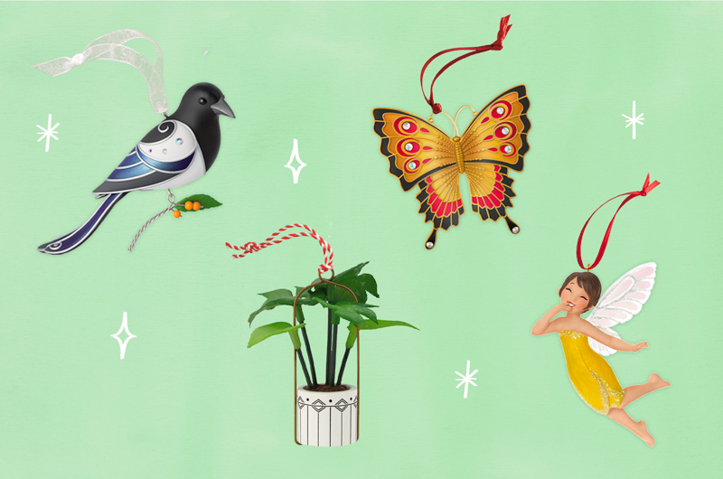 A selection of summer-themed Keepsake Ornaments on a mint green background, including a butterfly, a bird, a fairy and a potted plant.