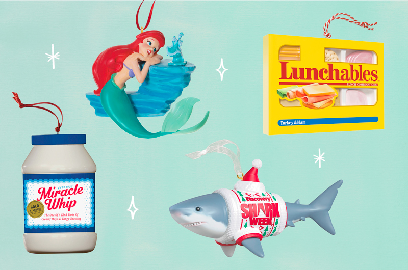 A selection of summer-themed Keepsake ornaments on a light blue background, including a jar of Miracle Whip, a shark wearing a 