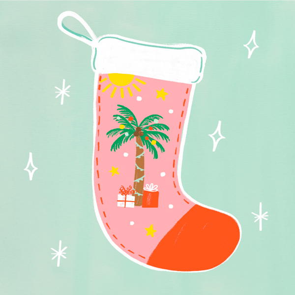 An illustration of a Christmas stocking with a palm tree and gifts on its side.