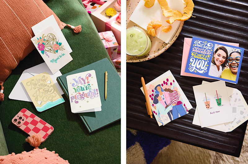 Two downshots of cards in different lifestyle situations...the left shows three cards spread out on a couch with a phone and pen nearby, as though the viewer is preparing to write in and send the cards; the second shows a trio of friendship cards laid out on a table next to a snack tray.