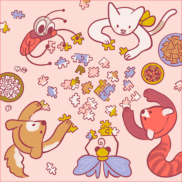 A downshot-style illustration of a group of critters assembling a puzzle, including a white cat, a brown dog, a blue butterfly, a lady bug and a red panda.
