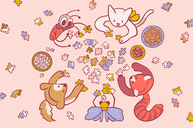 A downshot-style illustration of a group of critters assembling a puzzle, including a white cat, a brown dog, a blue butterfly, a lady bug and a red panda.
