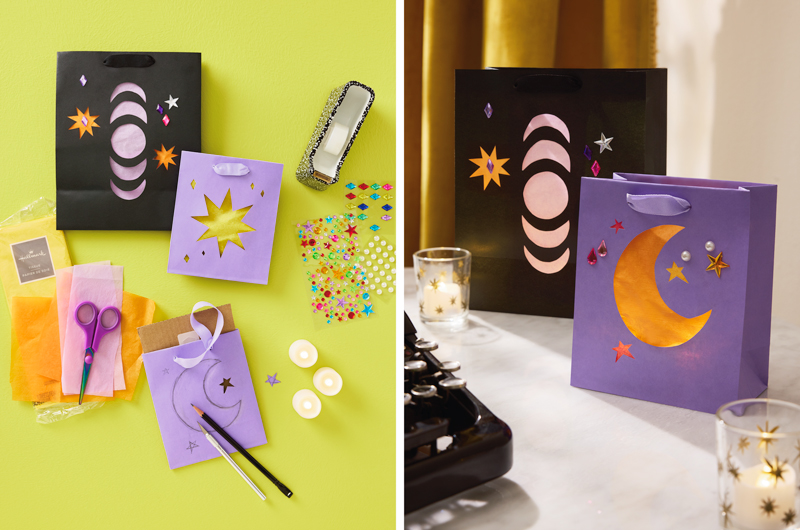 Side-by-side images showing, at left, the materials needed to make lanterns out of gift bags; materials include solid-colored gift bags in black and purple colors, stick-on jewels, scrap cardboard, a pencil, a craft knife, scissors, tissue paper, tape and battery-powered votive candles; at right is an image of the finished DIY paper lanterns, including a black gift bag with a moon phases design cut into it and decorated with stick-on gems, and a purple gift bag with a crescent moon cut into the side of it, also decorated with stick-on gems.
