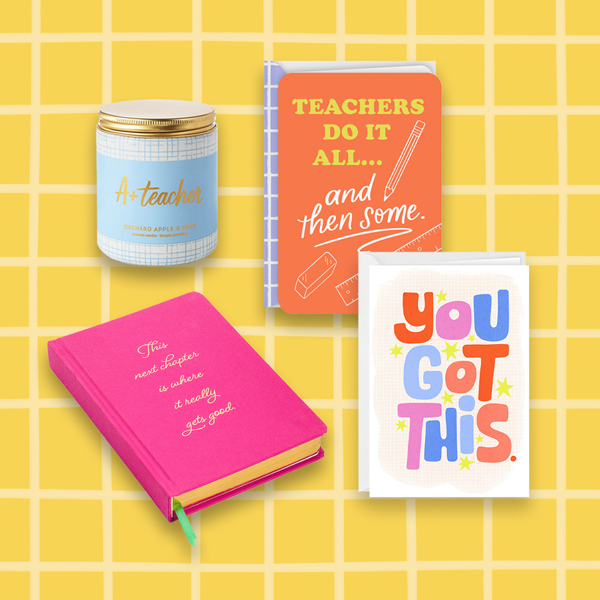 A collection of small gifts that would be appropriate for back-to-school, including a journal, a jar candle, and two Just Because greeting cards.