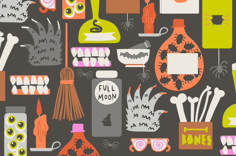 A variety of creepy Halloween illustrations like monster hands, a box of bones, a jar of eyeballs, potion bottles, witches' broomsticks, spiders, dripping candles and a bottles filled with crawling bugs.