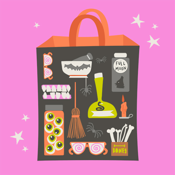 An illustration of a Halloween treat bag covered in a creepy pattern; the pattern includes a jar of eyeballs, a potion bottle with a snake on the side of it, a box full of bones, spiders, a dripping candle, a mouth full of crooked teeth, and a mortar and pestle used for spell or potion making.