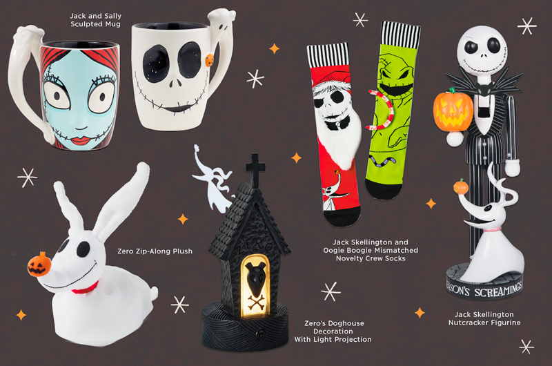 A collection of products inspired by Disney Tim Burton's The Nightmare Before Christmas, including a plush Zero that zips along after you pull his string; a ceramic mug that features Jack Skellington's face on one side and Sally's face on the other side; a pair of novelty socks that features Jack Skellington dressed as Santa Claus on one sock and Oogie Bookie on the other sock; a nutcracker figurine in the shape of Jack Skellington, with his ghost dog Zero at his feet; and a figurine shaped like Zero's doghouse that projects a silhouette of Zero onto the wall.