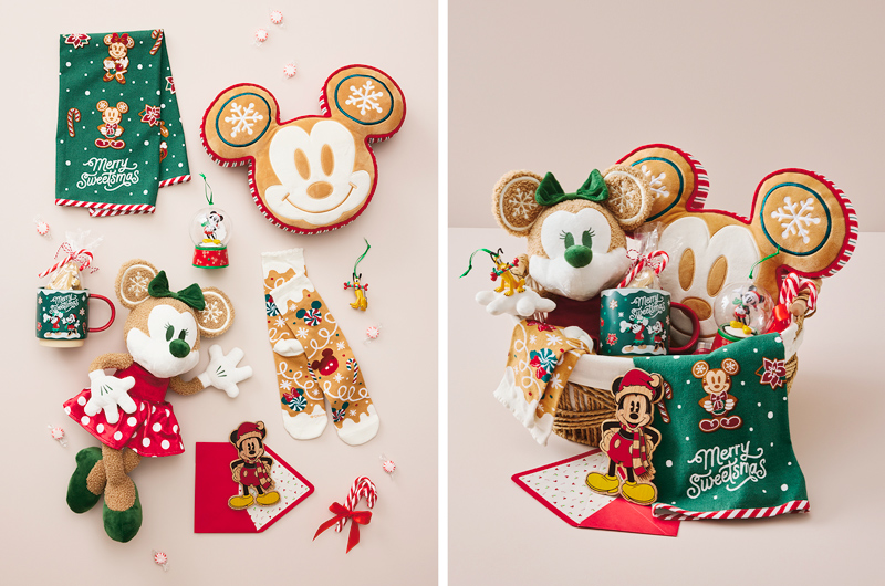 Disney-inspired Christmas gift basket featuring Minnie Mouse and Mickey Mouse plush items, holiday socks, mugs, ornaments, candy canes, and festive Disney-themed accessories arranged in a woven basket.
