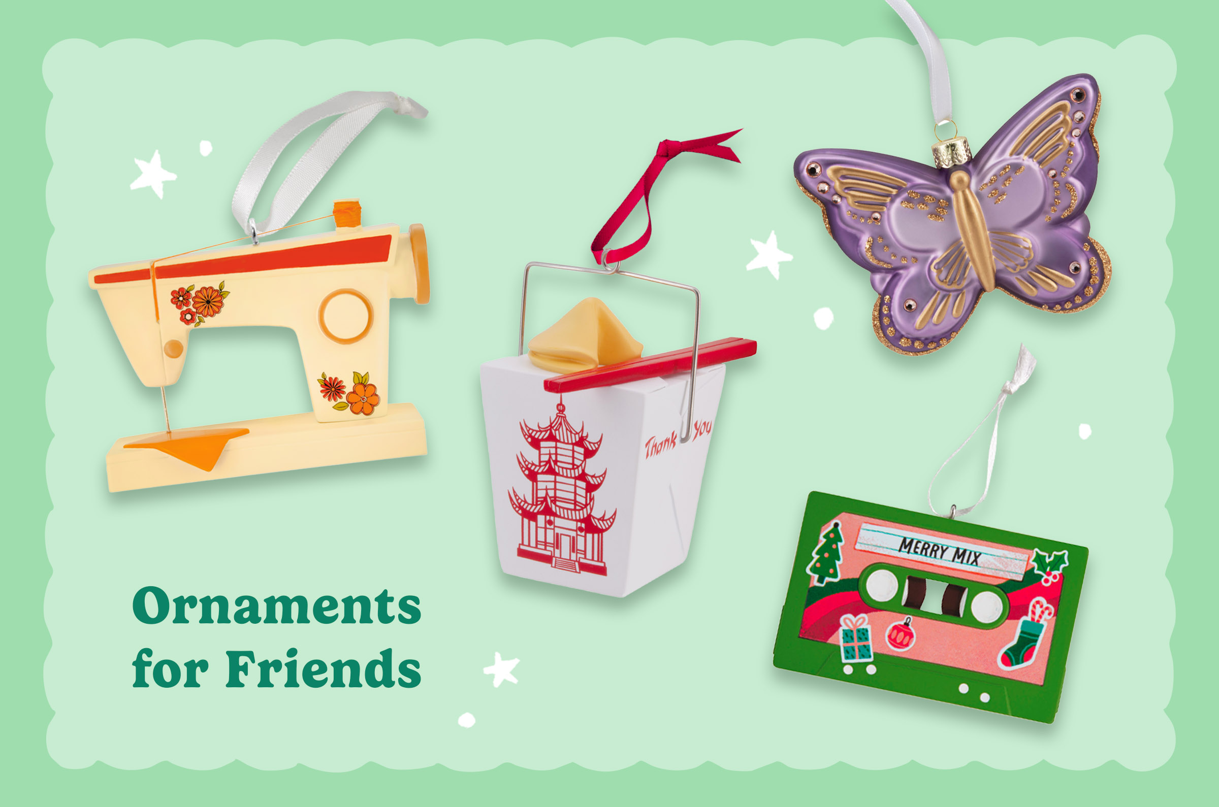Collection of friendship-themed Christmas ornaments featuring a vintage sewing machine, a takeout container with a fortune cookie, a purple butterfly, and a holiday cassette tape ornament on a mint-green background with the heading “Ornaments for Friends.”