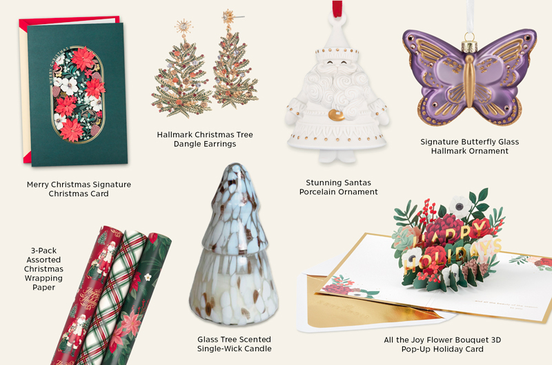 Collection of elegant holiday gifts and décor including a floral die-cut Christmas card, Christmas tree dangle earrings, a white porcelain Santa ornament, a purple glass butterfly ornament, patterned Christmas wrapping paper, a frosted glass tree-shaped candle, and a three-dimensional floral pop-up holiday card.