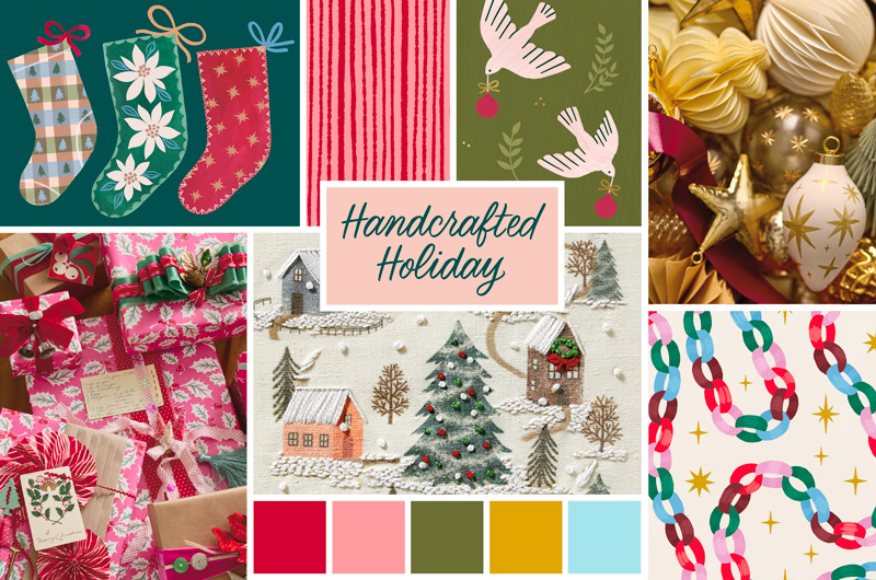Holiday design mood board featuring handcrafted Christmas-inspired patterns and textures, including illustrated stockings, wrapped gifts, birds with ornaments, gold holiday baubles, a snowy village scene with a decorated tree, colorful paper-chain patterns, and coordinating color swatches. Center text reads “Handcrafted Holiday.”