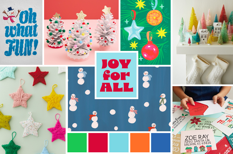 Holiday trend mood board titled “JOY FOR ALL,” featuring colorful handcrafted Christmas decor and playful seasonal designs. The collage includes stitched artwork reading “Oh what fun!,” miniature white tabletop trees decorated with pom-pom ornaments, illustrated ornaments and snowmen, pastel bottlebrush trees with tiny village houses, woven star ornaments, and holiday cards and envelopes. Coordinating color swatches in green, red, light blue, orange, and navy appear along the bottom.
