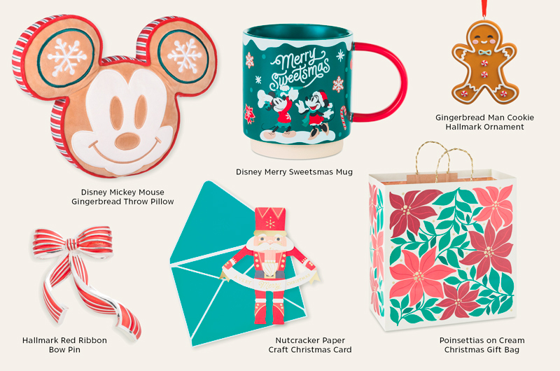 Product roundup featuring six holiday-themed items on a light background: a Disney Mickey Mouse Gingerbread Throw Pillow shaped like a gingerbread-style Mickey head with snowflake details, a Disney Merry Sweetsmas Mug with Mickey and Minnie artwork and the text “Merry Sweetsmas,” a Gingerbread Man Cookie Hallmark Ornament, a Hallmark Red Ribbon Bow Pin with candy cane stripes, a Nutcracker Paper Craft Christmas Card with a matching envelope, and a Poinsettias on Cream Christmas Gift Bag decorated with large pink and red poinsettia flowers and green foliage.