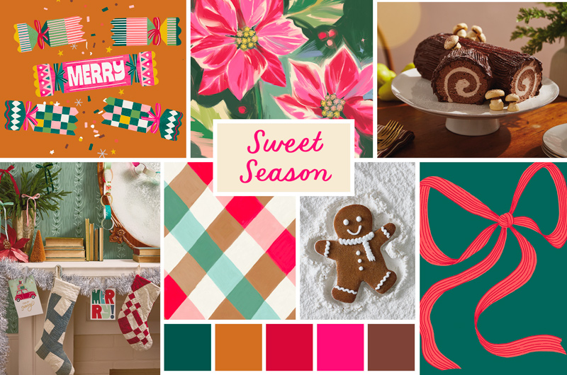 Product roundup featuring six holiday-themed items on a light background: a Disney Mickey Mouse Gingerbread Throw Pillow shaped like a gingerbread-style Mickey head with snowflake details, a Disney Merry Sweetsmas Mug with Mickey and Minnie artwork and the text “Merry Sweetsmas,” a Gingerbread Man Cookie Hallmark Ornament, a Hallmark Red Ribbon Bow Pin with candy cane stripes, a Nutcracker Paper Craft Christmas Card with a matching envelope, and a Poinsettias on Cream Christmas Gift Bag decorated with large pink and red poinsettia flowers and green foliage.