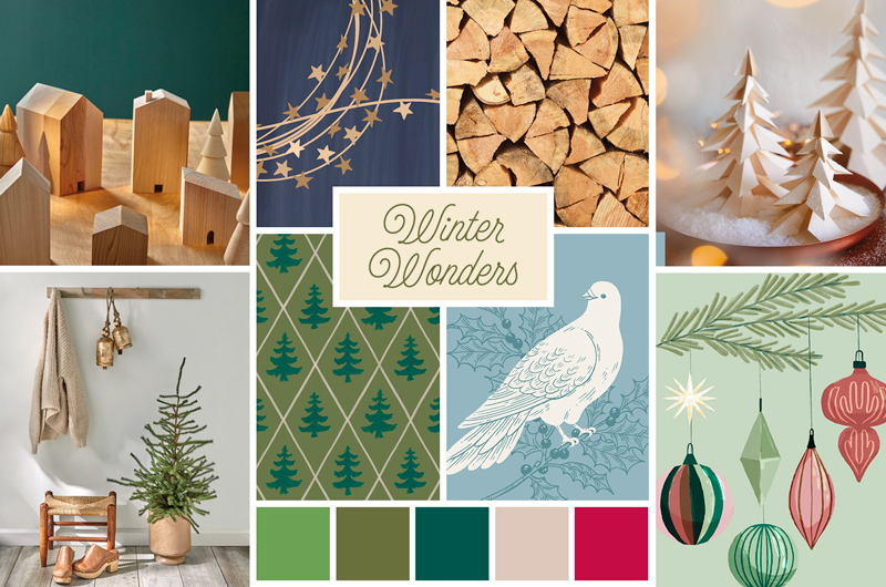 Holiday trend mood board titled “Winter Wonders,” featuring natural and Scandinavian-inspired Christmas décor. The collage includes wooden house figurines, star garlands, stacked firewood, minimalist wooden trees, a small potted evergreen, illustrated evergreen patterns, a white bird among winter foliage, and hanging ornament artwork. Soft, earthy color swatches in green, olive, teal, beige, and berry red appear along the bottom.