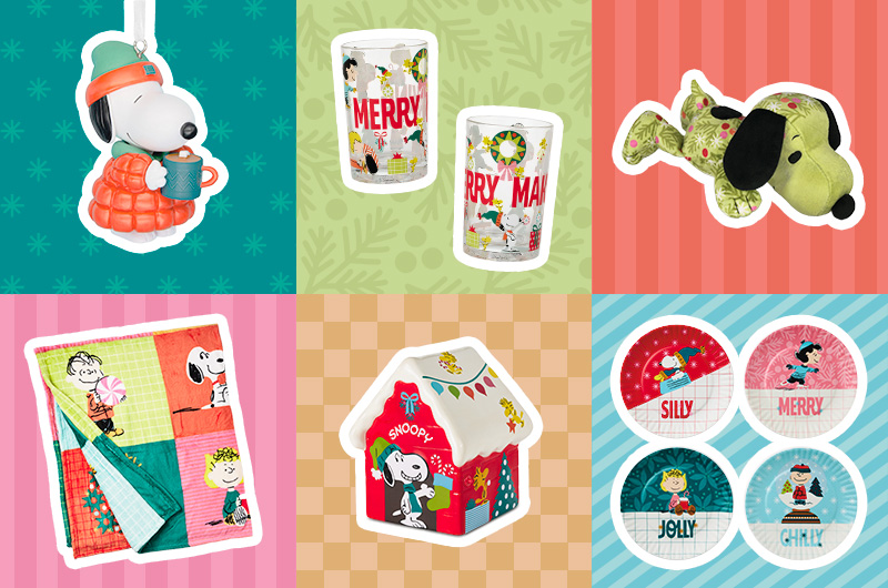 Peanuts holiday-themed gift collage featuring a Snoopy ornament wearing earmuffs and a puffy winter coat while holding a mug, two glass candle holders with the visible text “MERRY” and partially visible “MERRY MA,” a plush Snoopy toy in patterned green fabric, a colorful Peanuts holiday throw blanket, a Snoopy house-shaped decoration, and four small round holiday plates labeled “SILLY,” “MERRY,” “JOLLY,” and “CHILLY.” The products are arranged in a six-panel grid against festive patterned backgrounds.