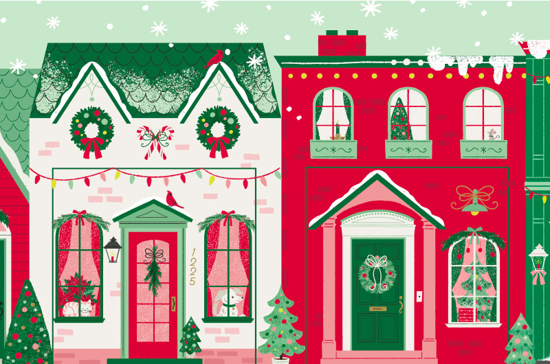 An illustration of row houses standing side by side in a snowy scene; the houses are decorated for Christmas, with wreaths on the doors and windows and strings of lights on the eaves.